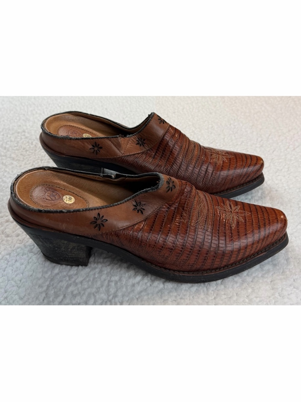ARIAT • Desert Star Cognac Brown Leather Lizard-Print Western Mule Clogs, 9.5